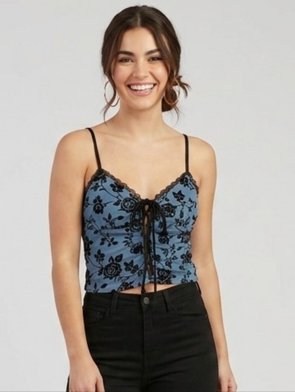 Blue Floral Lace-Trim Tie-Front Cami Top
